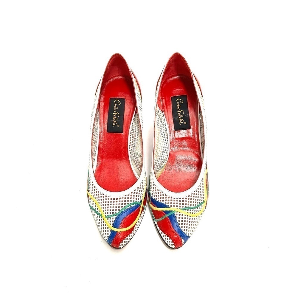 Vintage 1980s white leather illusion netting primary color stripe appliqué heels - Picture 3 of 8